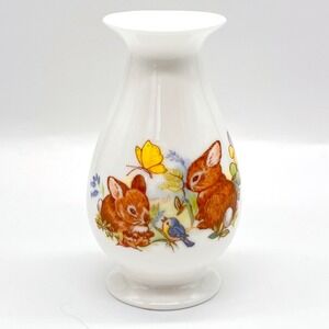 Enesco Bud Vase Vintage White 1983 Bunny Rabbits Butterflys Flowers Miniature